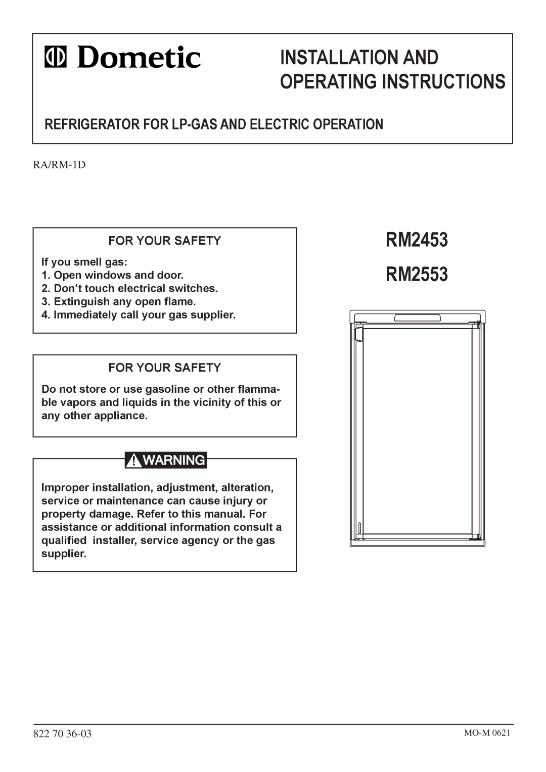 Dometic RM2453 manual Installation Operating Instructions 