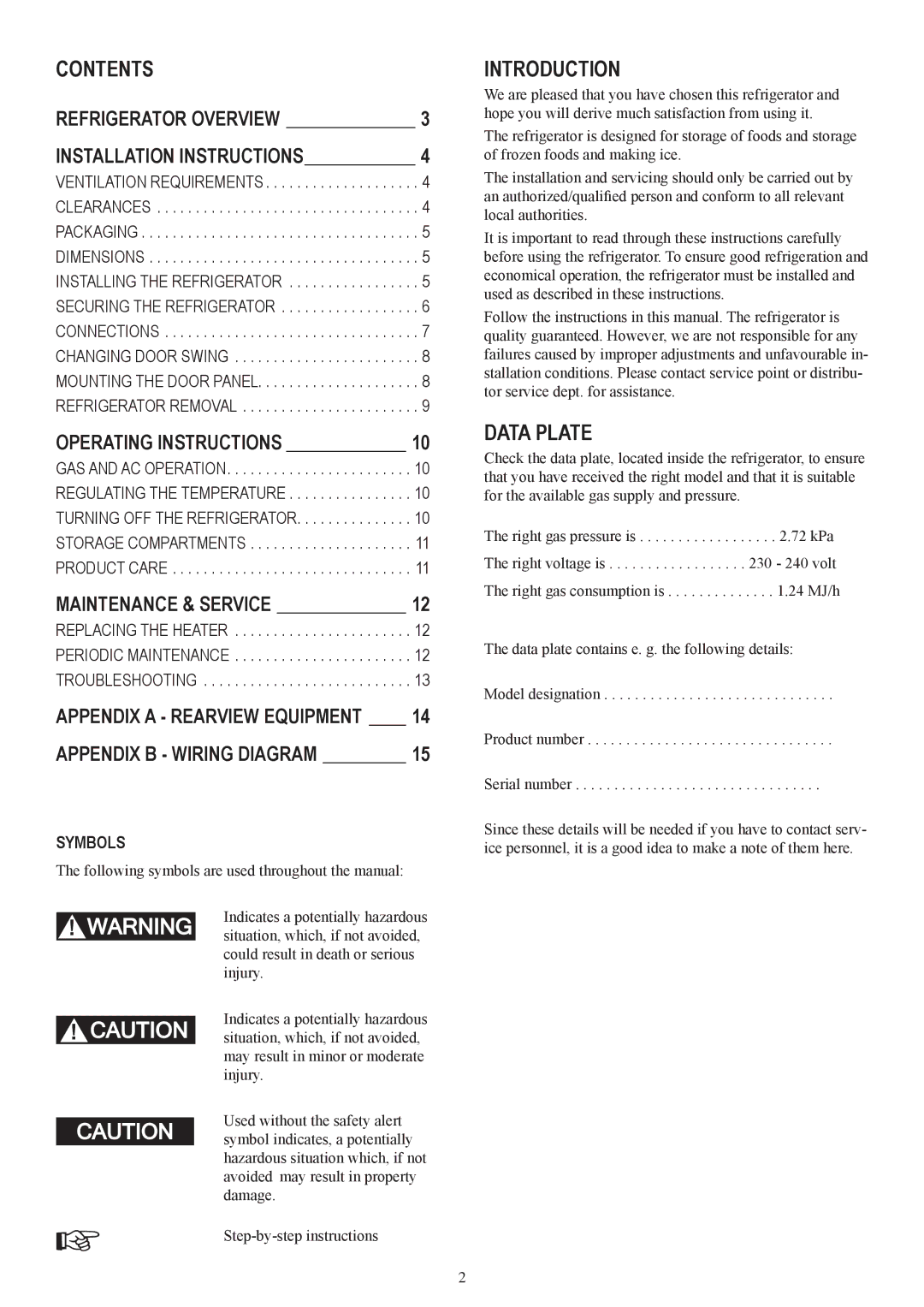 Dometic RM2453 manual Contents, Introduction, Data plate 