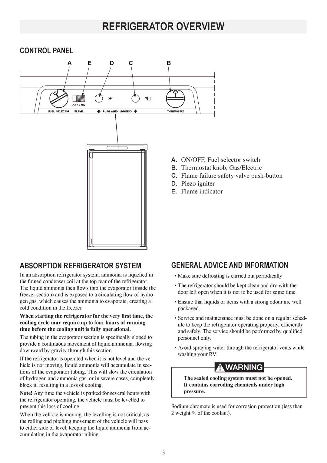 Dometic RM2453 manual Refrigerator overview, Control panel, Absorption refrigerator system, General advice and information 