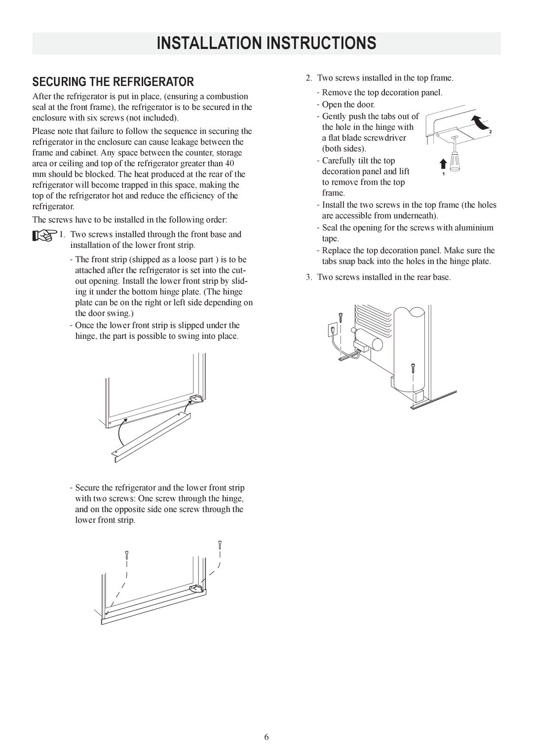 Dometic RM2453 manual Securing the refrigerator, Decoration panel and lift 