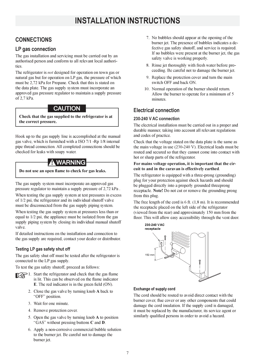 Dometic RM2453 manual Connections, LP gas connection, Electrical connection, Testing LP gas safety shut off, AC connection 