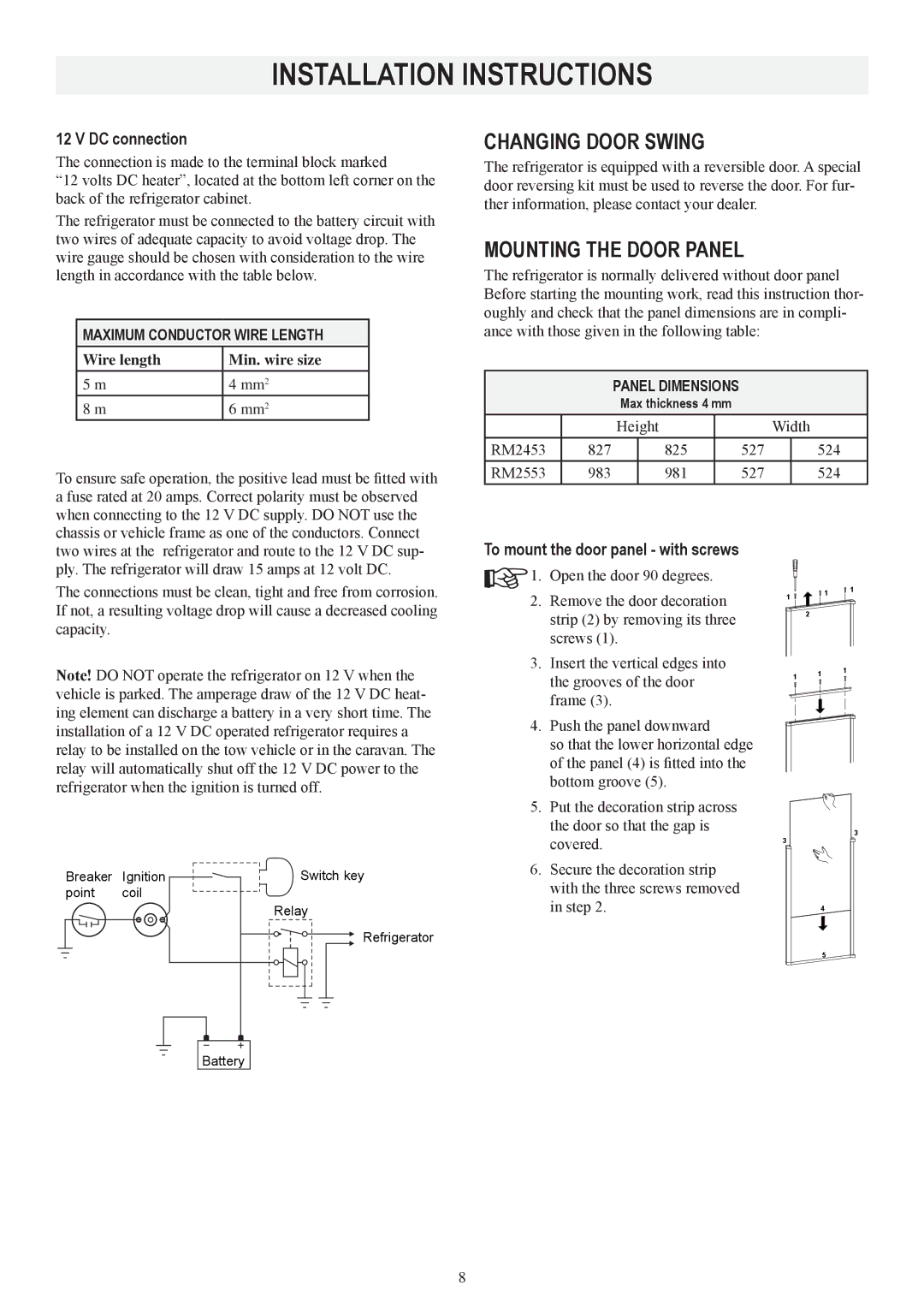 Dometic RM2453 manual DC connection, To mount the door panel with screws, Maximum conductor wire length, Panel dimensions 