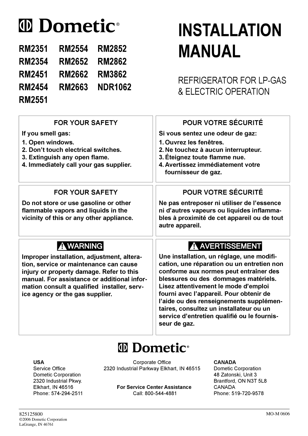 Dometic RM2451, RM2551, RM2351 installation manual Installation Manual 