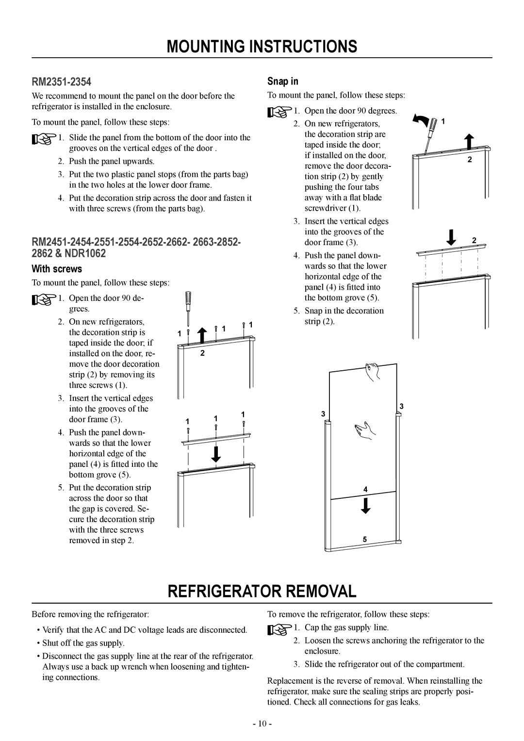 Dometic RM2451, RM2551, RM2351 installation manual Refrigerator Removal, Snap, With screws 