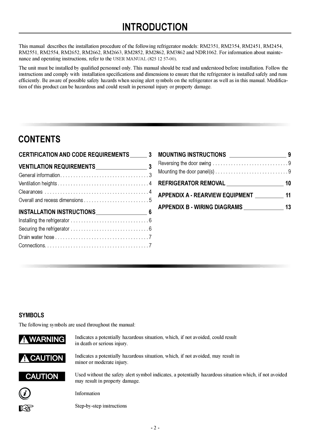 Dometic RM2351, RM2551, RM2451 installation manual Introduction, Contents 