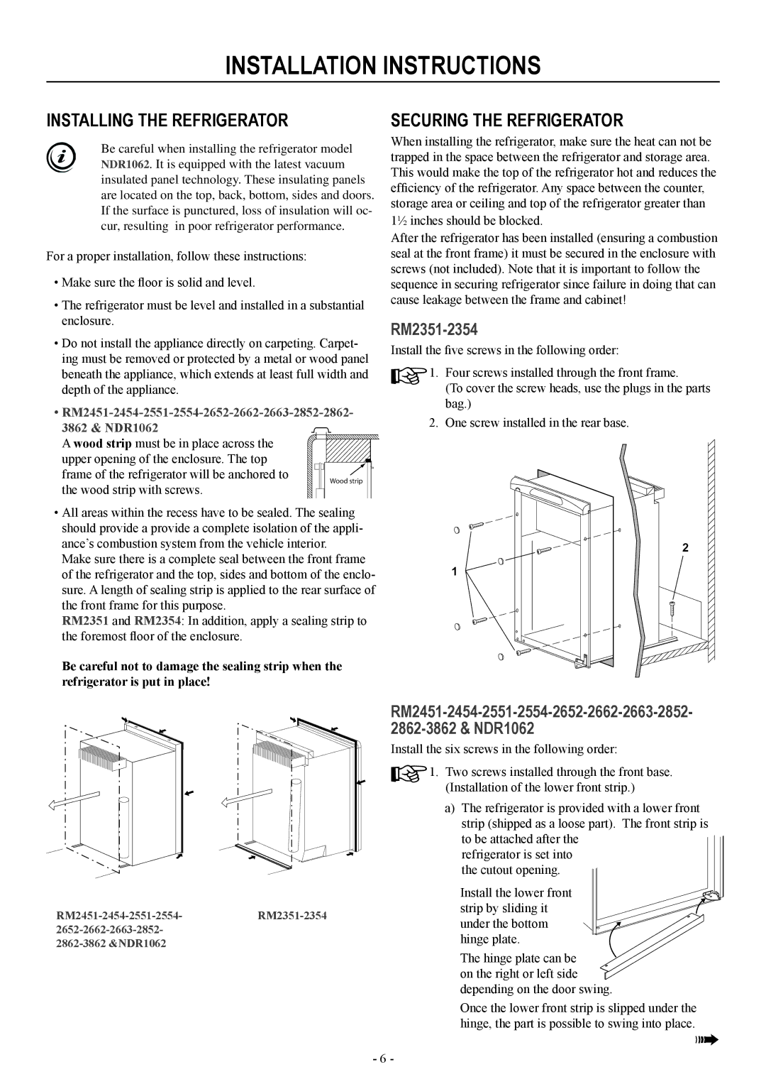 Dometic RM2551, RM2451, RM2351 Installation Instructions, Installing the Refrigerator, Securing the Refrigerator 