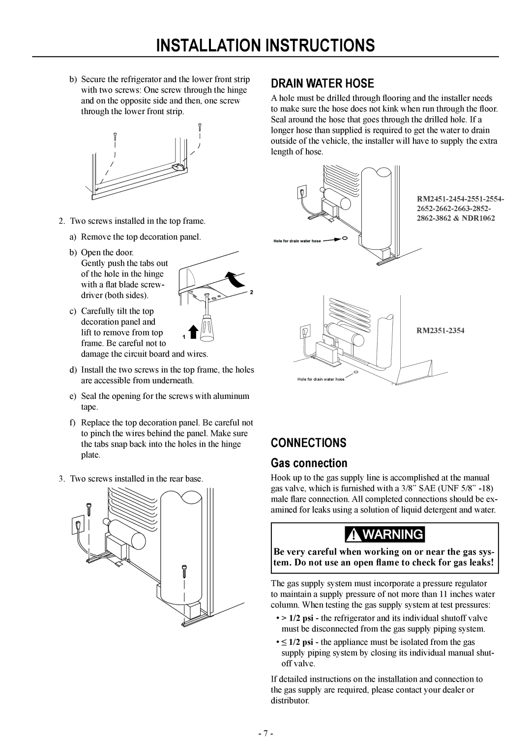 Dometic RM2451, RM2551, RM2351 installation manual Drain Water Hose, Connections 