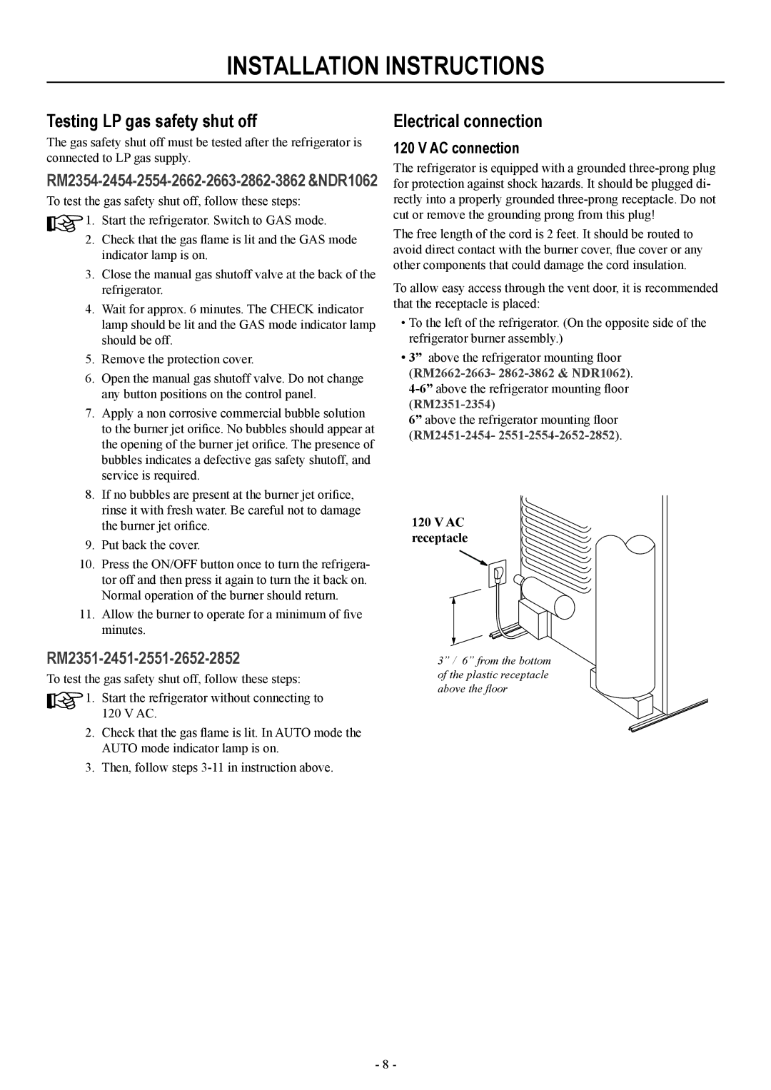 Dometic RM2351, RM2551, RM2451 installation manual Testing LP gas safety shut off, AC connection 