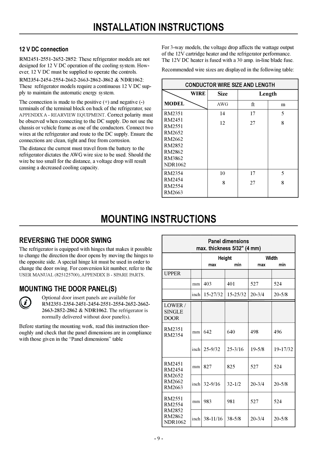 Dometic RM2551, RM2451, RM2351 Mounting Instructions, Reversing the Door Swing, Mounting the Door Panels, DC connection 