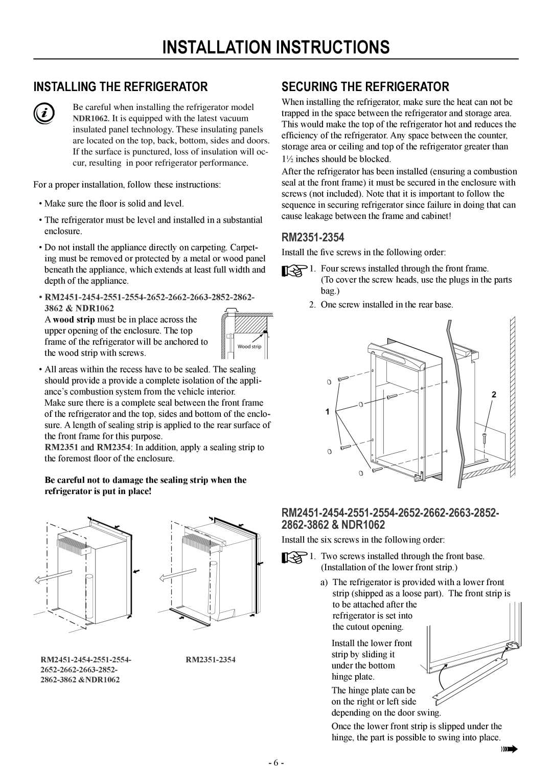 Dometic RM2551, RM2451 Installation Instructions, Installing The Refrigerator, Securing The Refrigerator, RM2351-2354 
