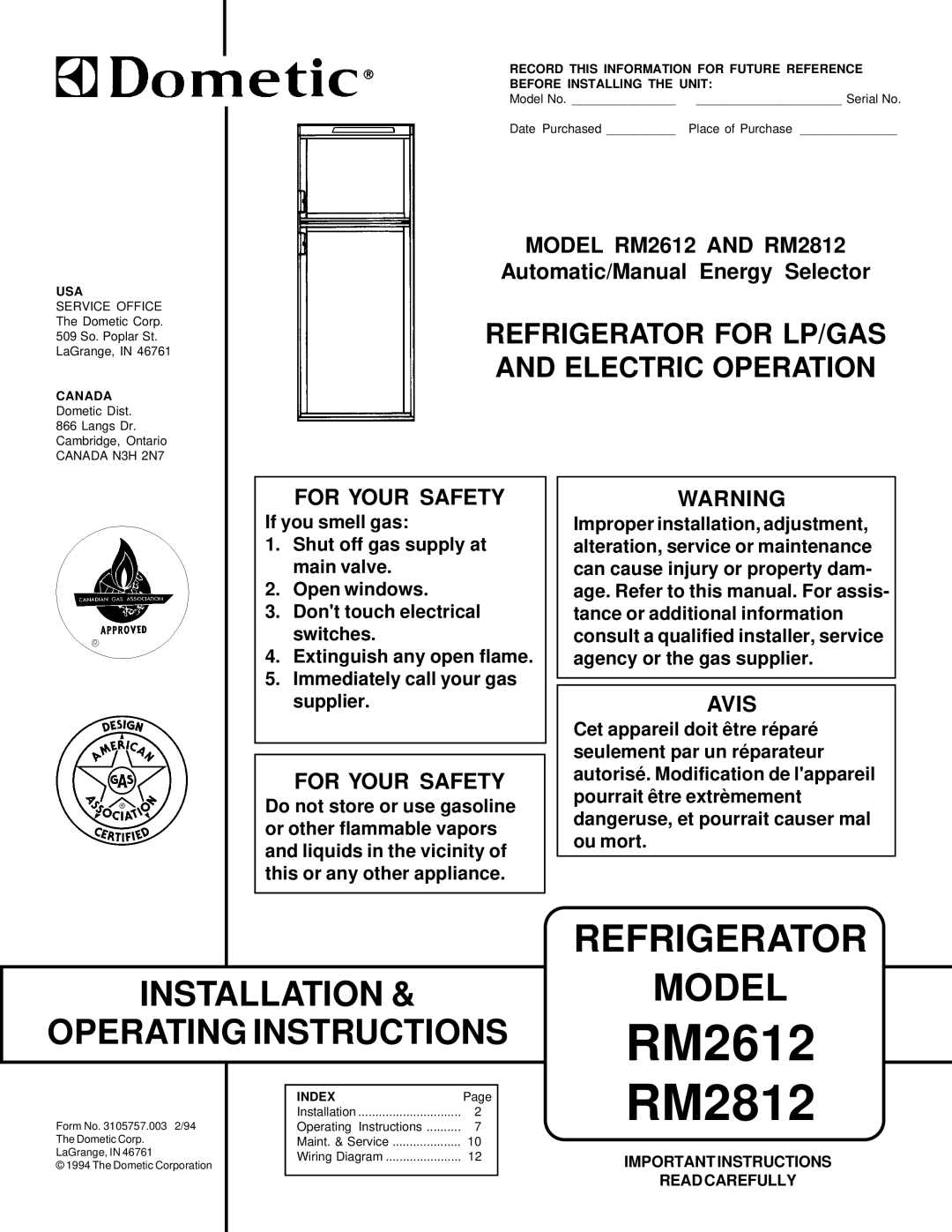 Dometic manual Refrigerator for LP/GAS and Electric Operation, Model RM2612 and RM2812, For Your Safety, Avis 