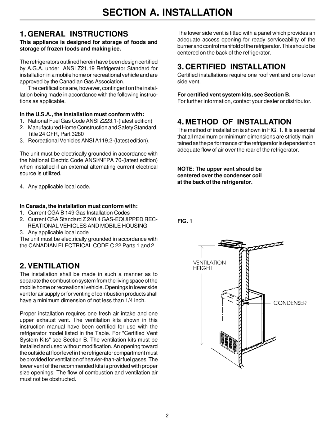 Dometic RM2612 Section A. Installation, General Instructions, Ventilation, Certified Installation, Method of Installation 