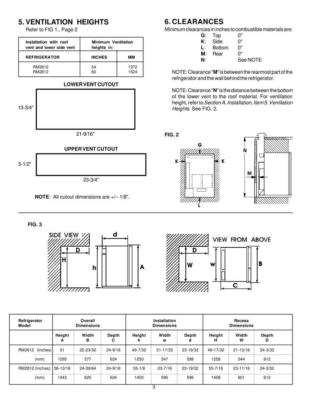 Dometic RM2812, RM2612 manual Ventilation Heights, Clearances, Lower Vent Cutout, Upper Vent Cutout 