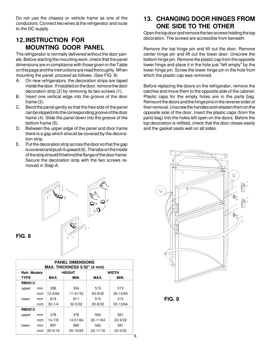 Dometic RM2612, RM2812 manual Instruction for Mounting Door Panel, Changing Door Hinges from ONE Side to the Other 