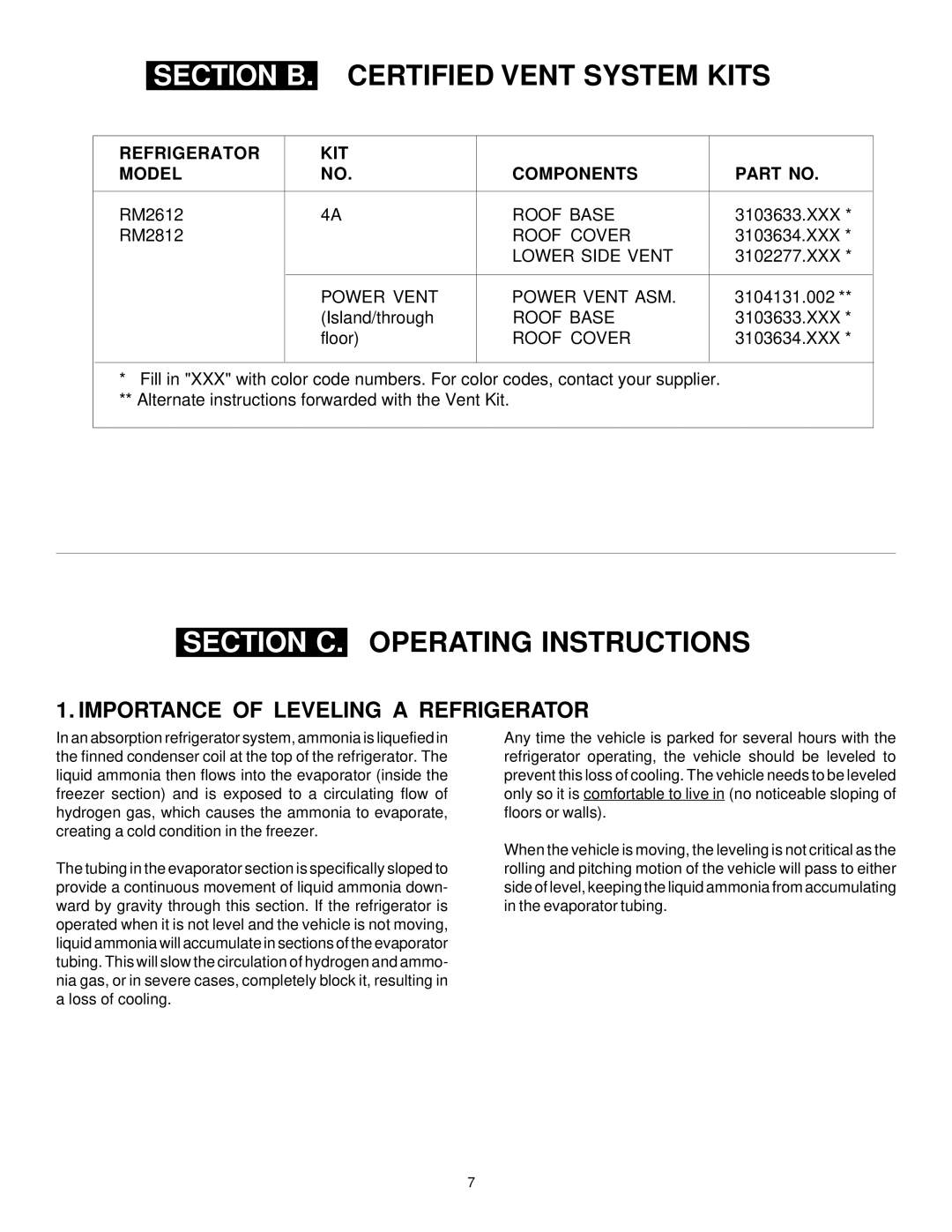 Dometic RM2812, RM2612 manual Certified Vent System Kits, Operating Instructions, Importance of Leveling a Refrigerator 