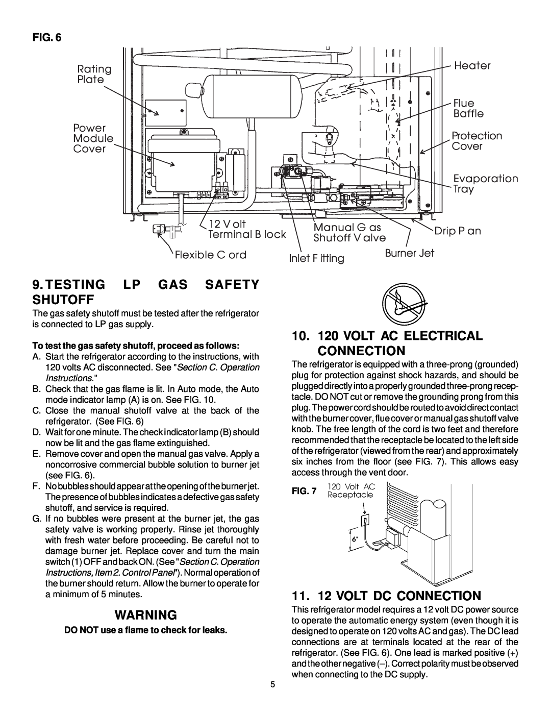 Dometic RM2812, RM2612 Testing Lp Gas Safety Shutoff, 10. 120 VOLT AC ELECTRICAL CONNECTION, 11. 12 VOLT DC CONNECTION 