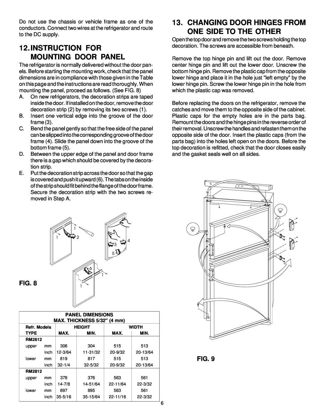 Dometic RM2612, RM2812 manual Instruction For Mounting Door Panel, Changing Door Hinges From One Side To The Other 