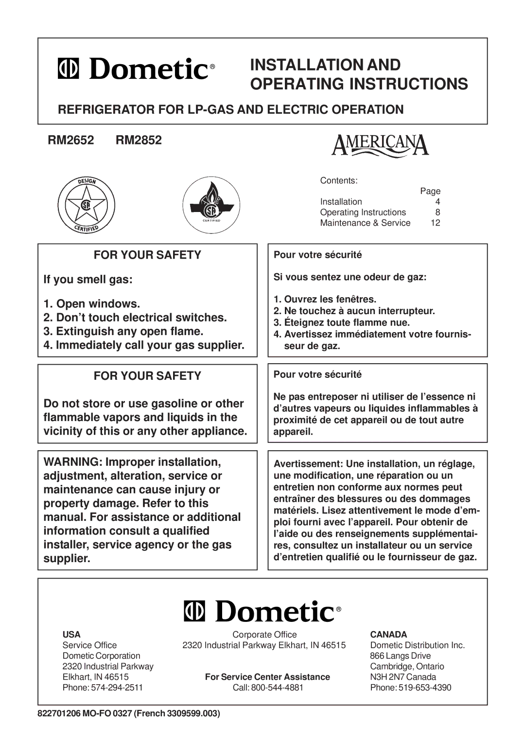 Dometic RM2852 manual Refrigerator for LP-GAS and Electric Operation, For Service Center Assistance, MO-FO 0327 French 