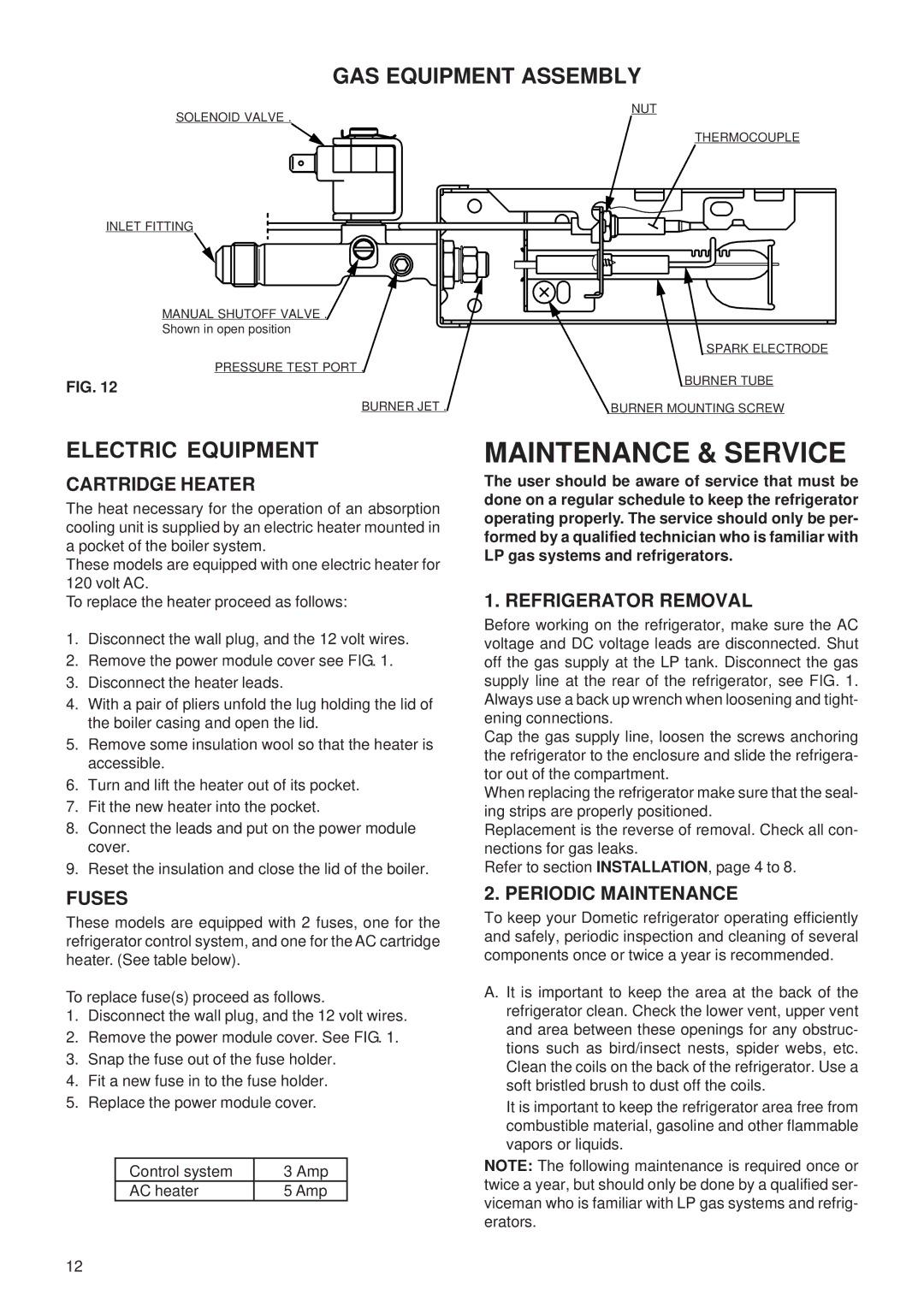 Dometic RM2652, RM2852 manual GAS Equipment Assembly, Electric Equipment 