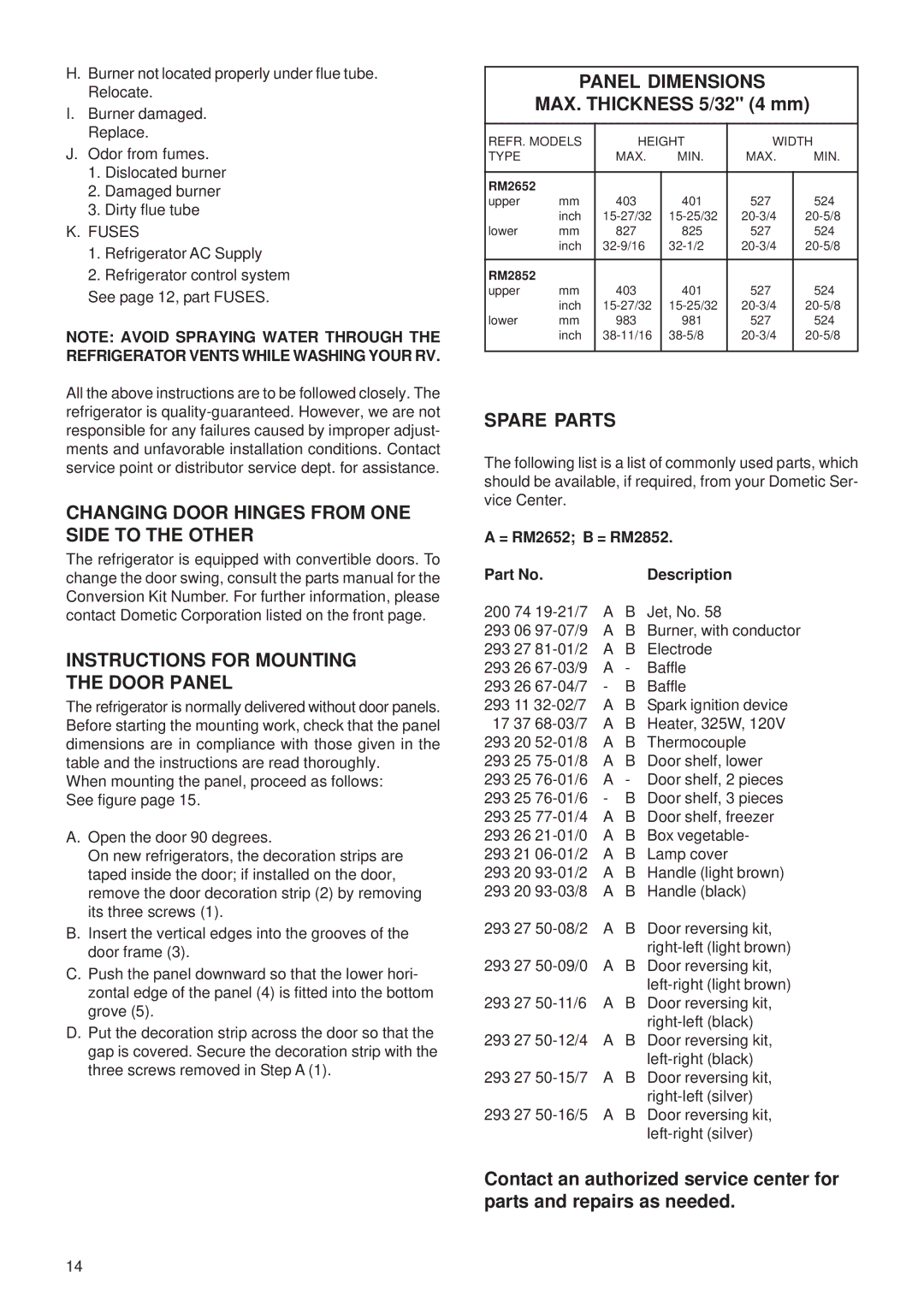 Dometic RM2652 Changing Door Hinges from ONE Side to the Other, Instructions for Mounting the Door Panel, Panel Dimensions 