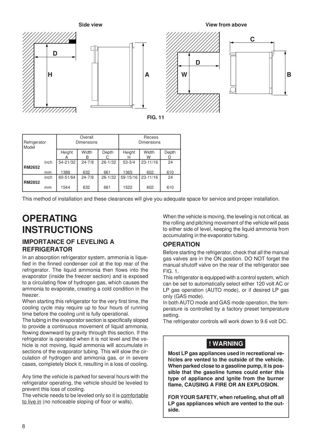 Dometic RM2652, RM2852 manual Importance of Leveling a Refrigerator, Operation, Side view View from above 