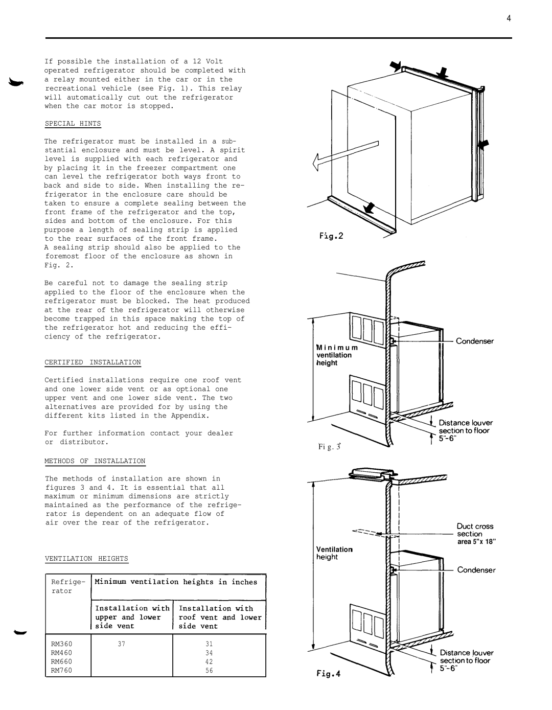 Dometic RM36O service manual Special Hints, Certified Installation, Methods of Installation, Ventilation Heights 