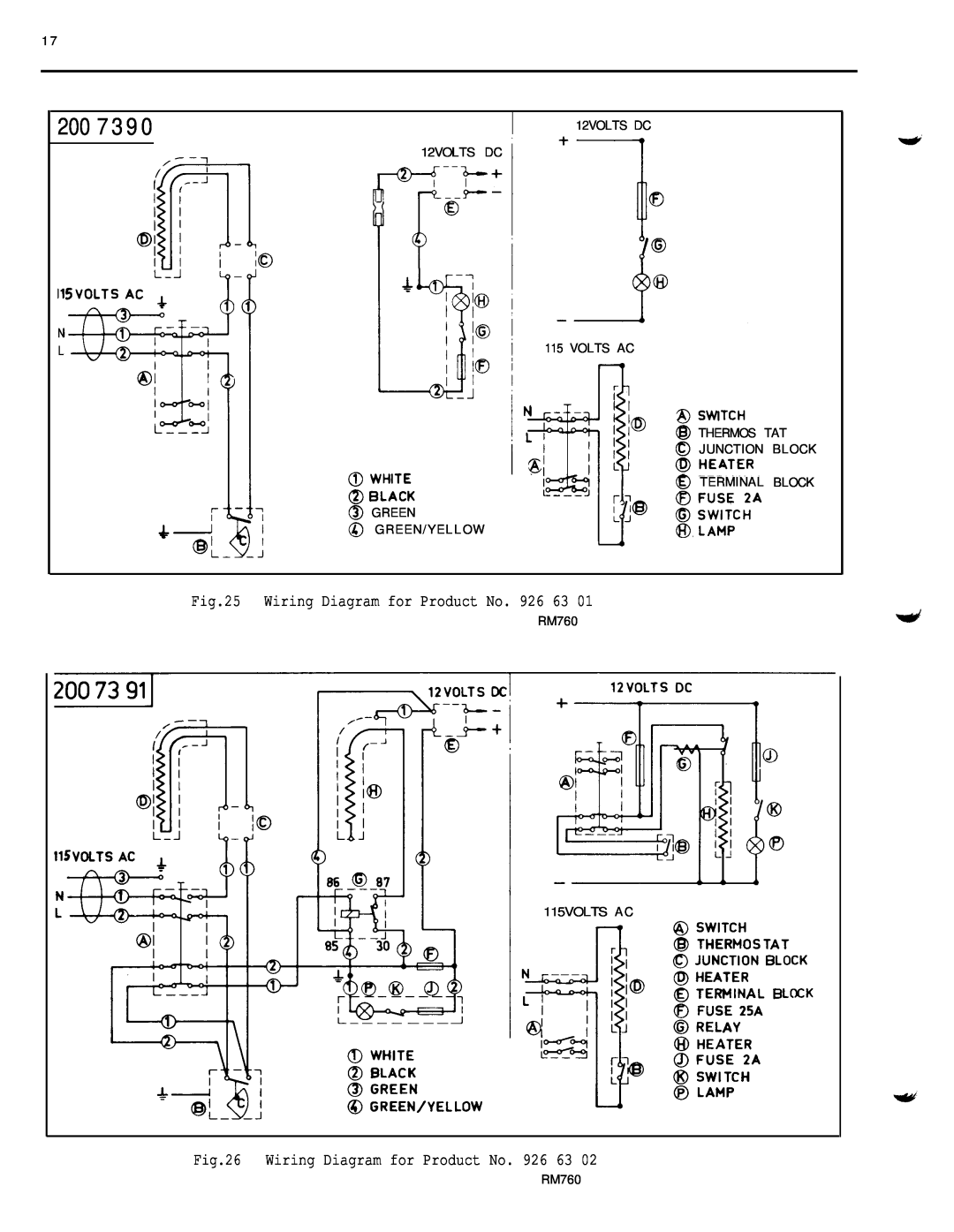 Dometic RM36O 200 7 3, Wiring Diagram for Product No. 926, 12VOLTS DC N L @ GREEN @ G R E E N / Y E L L O W, RM760 
