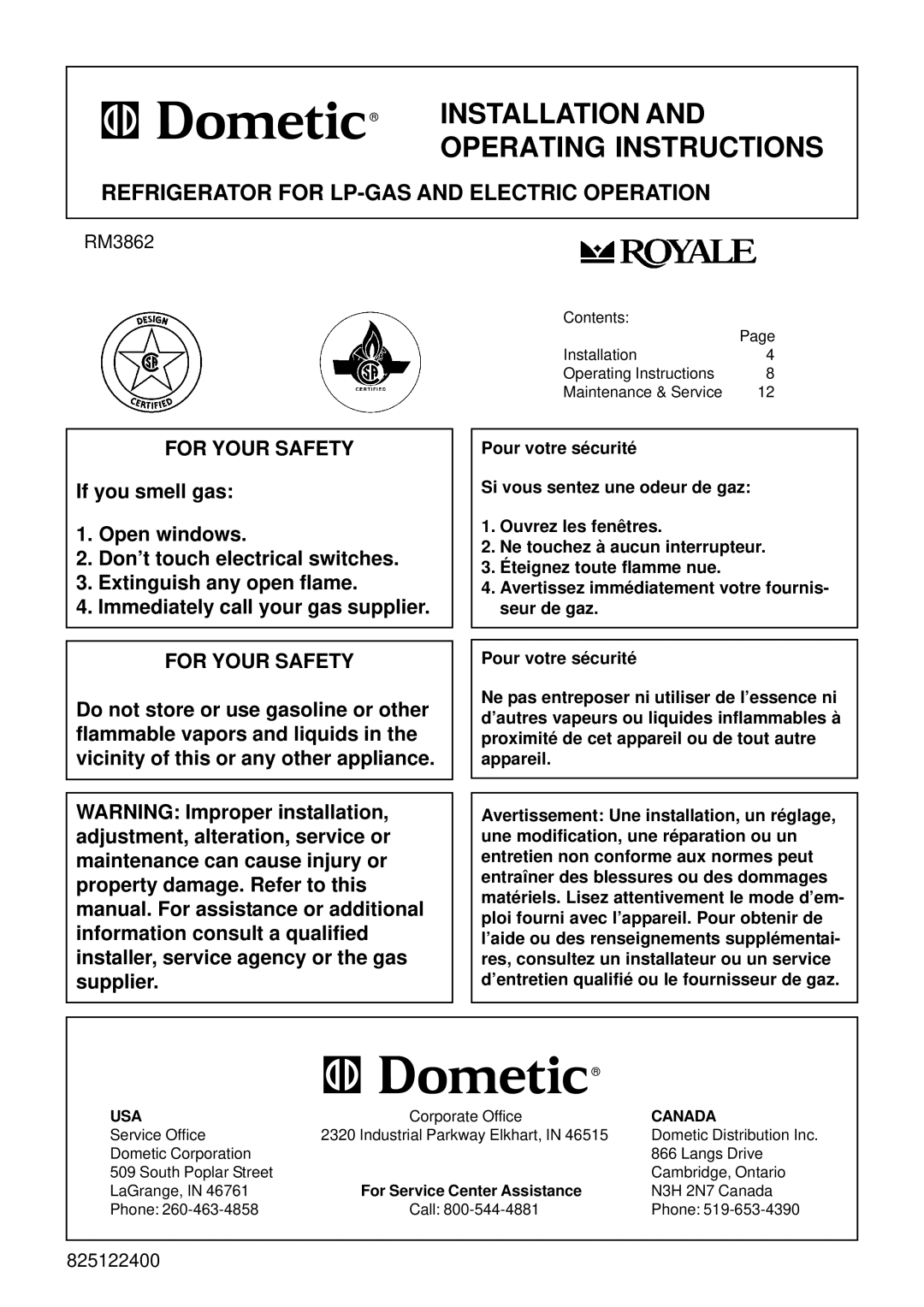 Dometic RM3862 operating instructions Refrigerator for LP-GAS and Electric Operation, For Service Center Assistance 