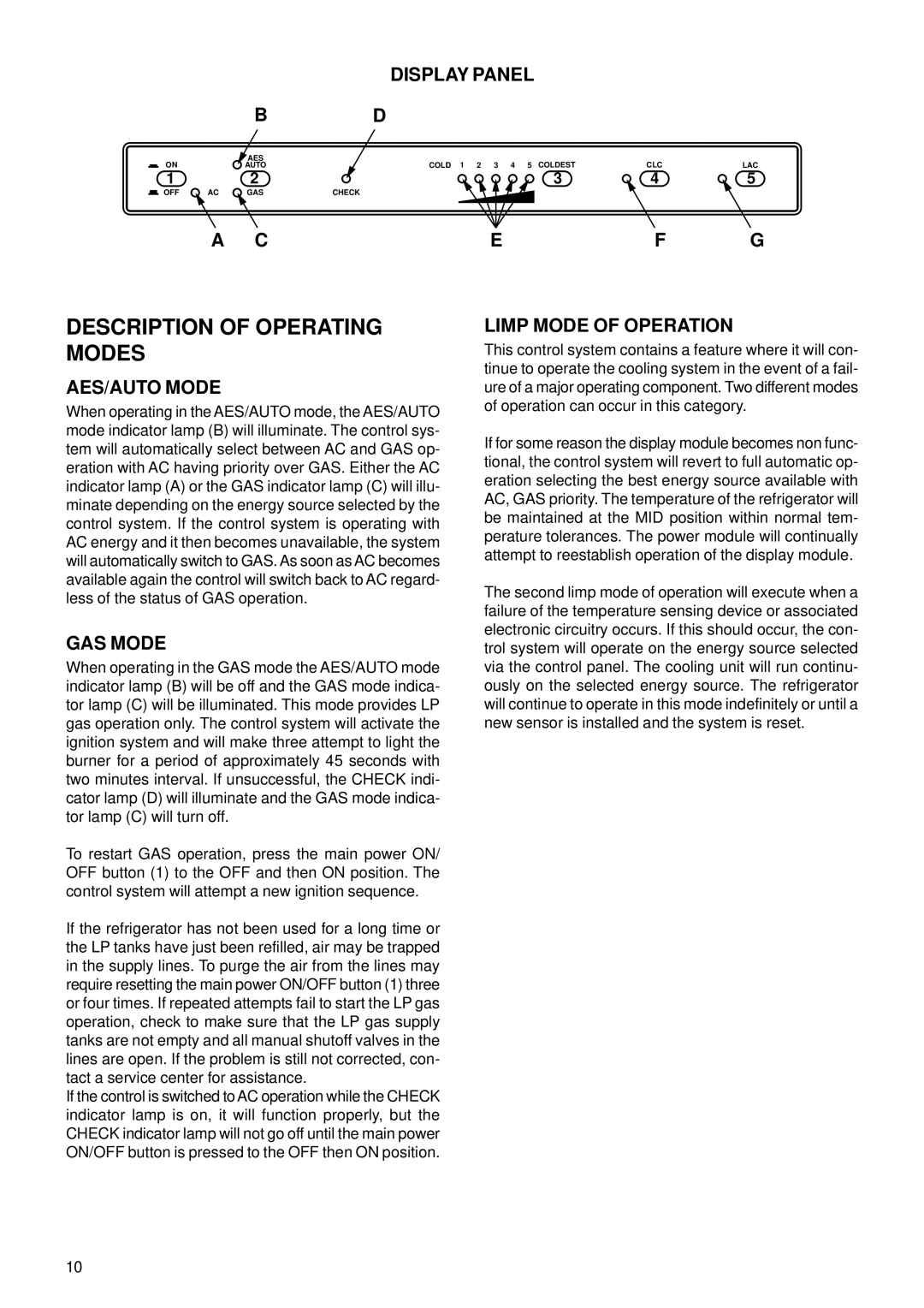 Dometic RM3862 operating instructions Description of Operating Modes, EFG Limp Mode of Operation 