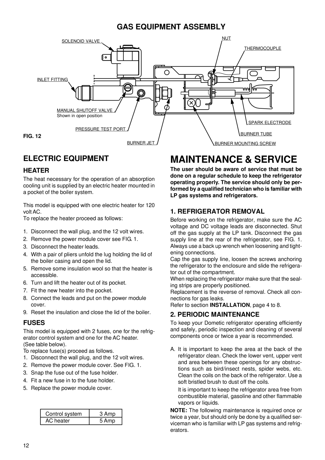 Dometic RM3862 operating instructions GAS Equipment Assembly, Electric Equipment 