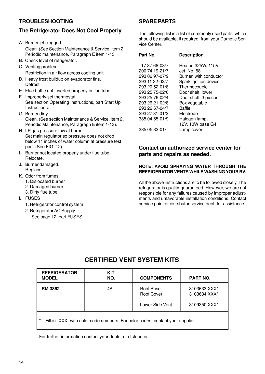 Dometic RM3862 Certified Vent System Kits, Troubleshooting, Refrigerator Does Not Cool Properly, Spare Parts, Description 