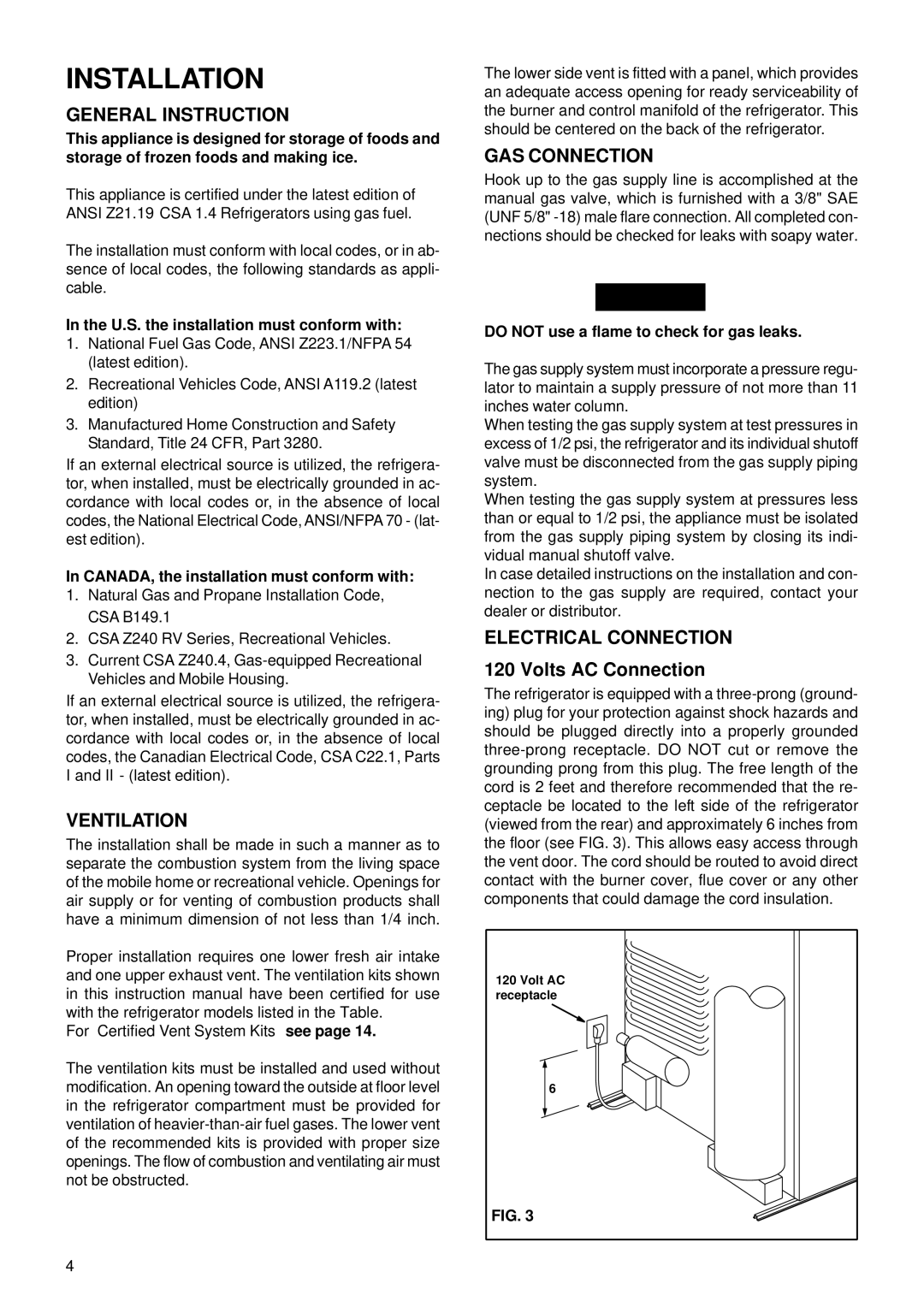 Dometic RM3862 General Instruction, Ventilation, GAS Connection, Electrical Connection, Volts AC Connection 