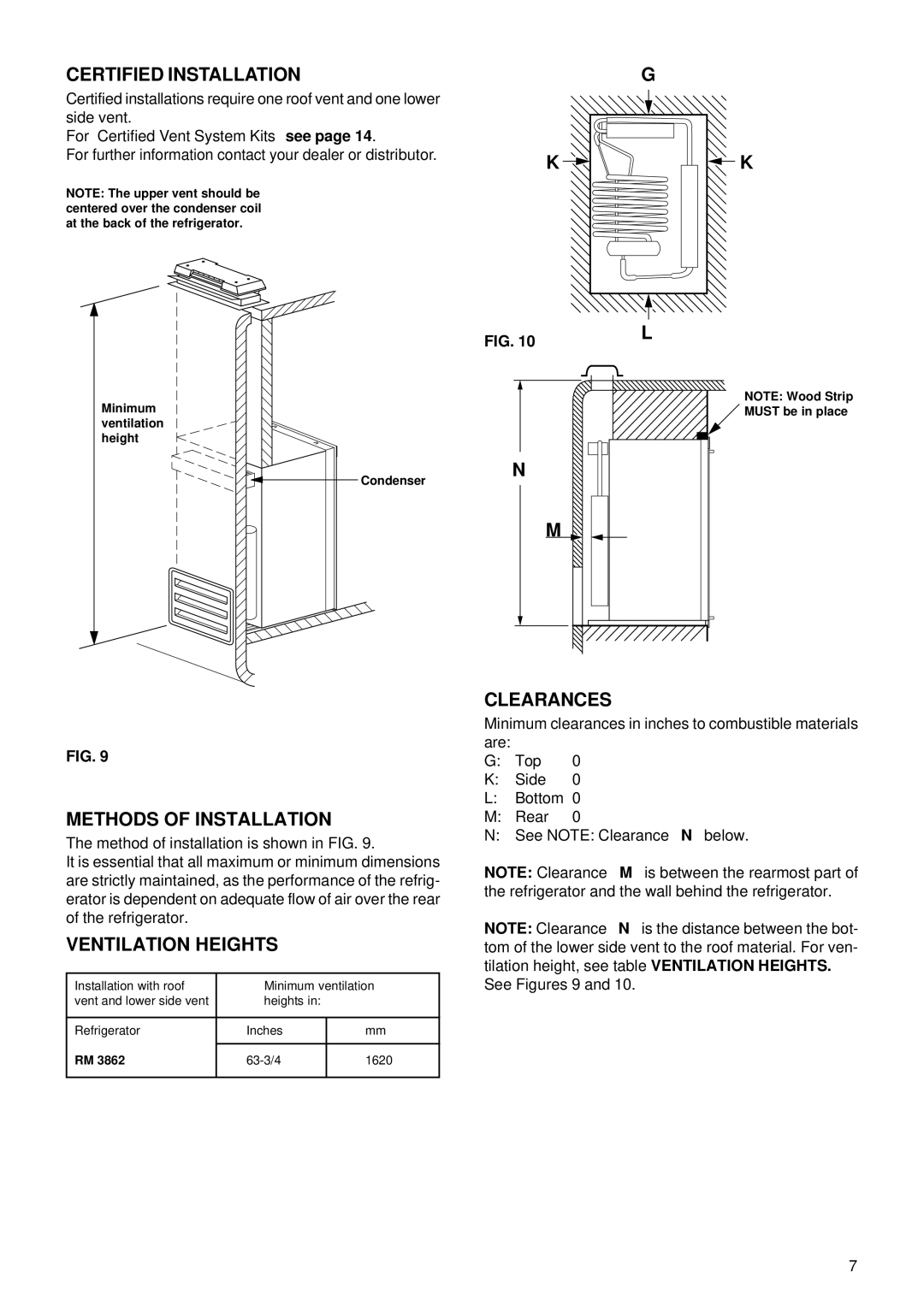 Dometic RM3862 operating instructions Certified Installation, Methods of Installation, Ventilation Heights, Clearances 