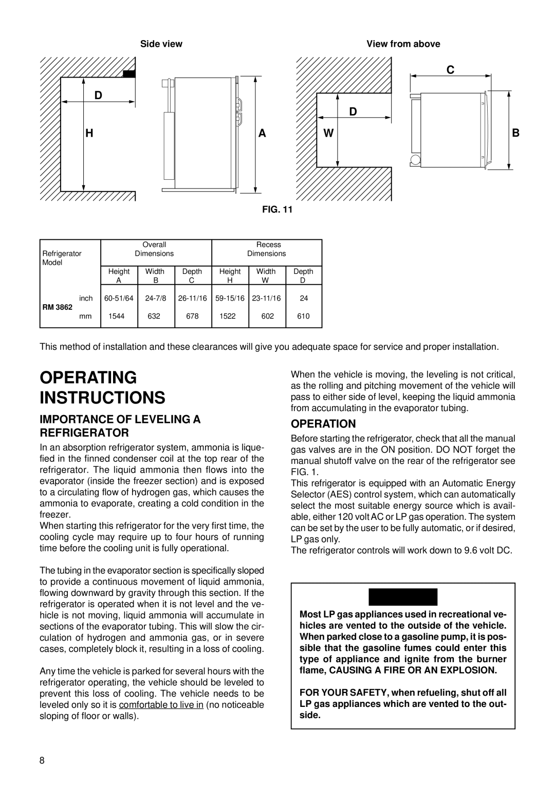 Dometic RM3862 operating instructions Importance of Leveling a Refrigerator, Operation, Side view View from above 