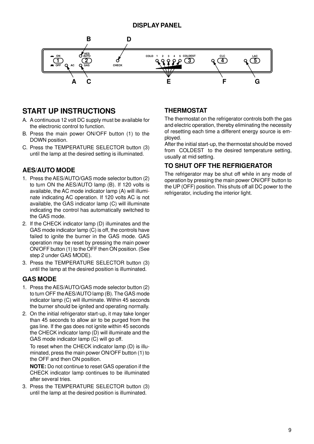 Dometic RM3862 Start UP Instructions, Display Panel, AES/AUTO Mode, GAS Mode, To Shut OFF the Refrigerator 