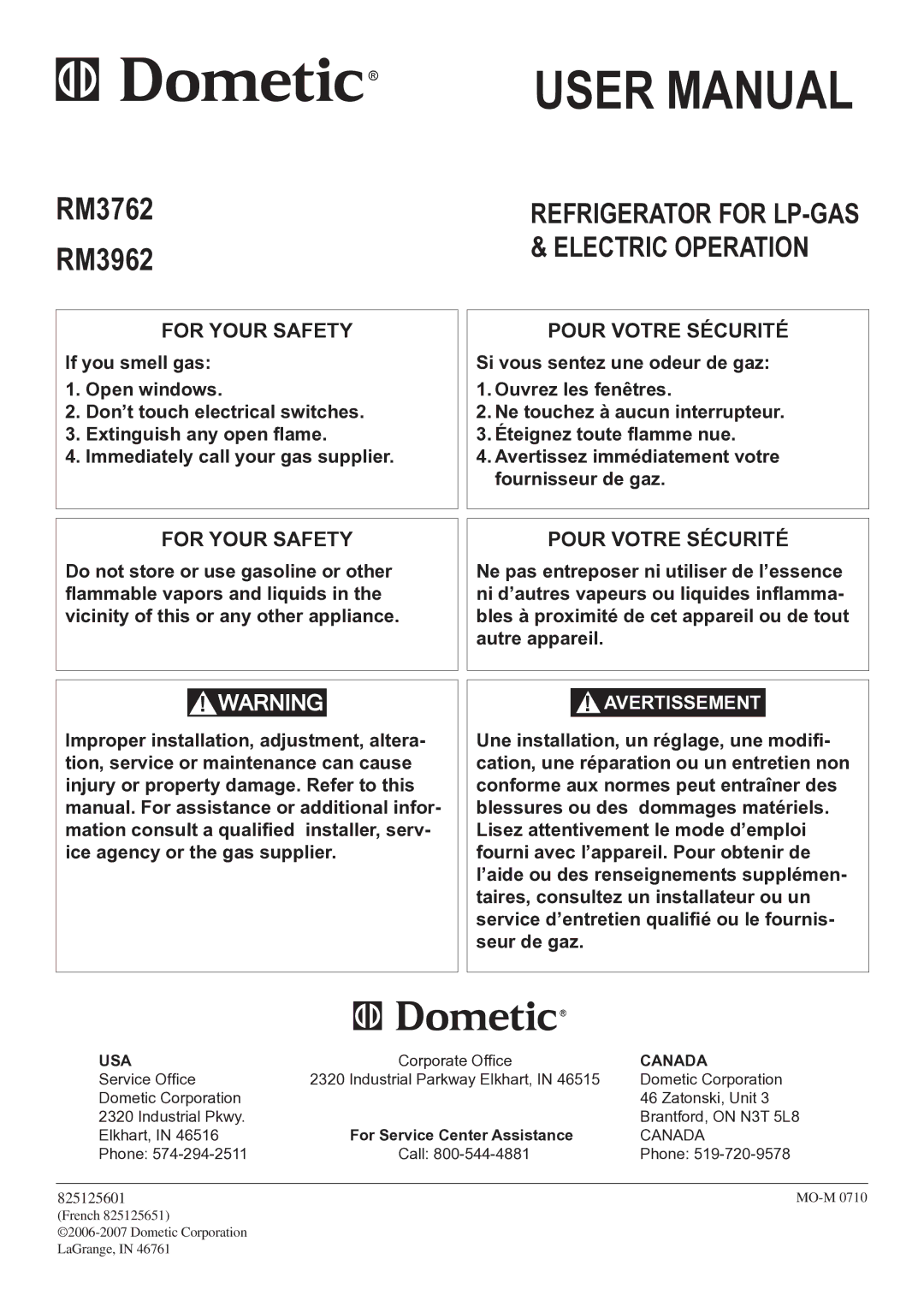 Dometic user manual RM3762 RM3962, For Your Safety 