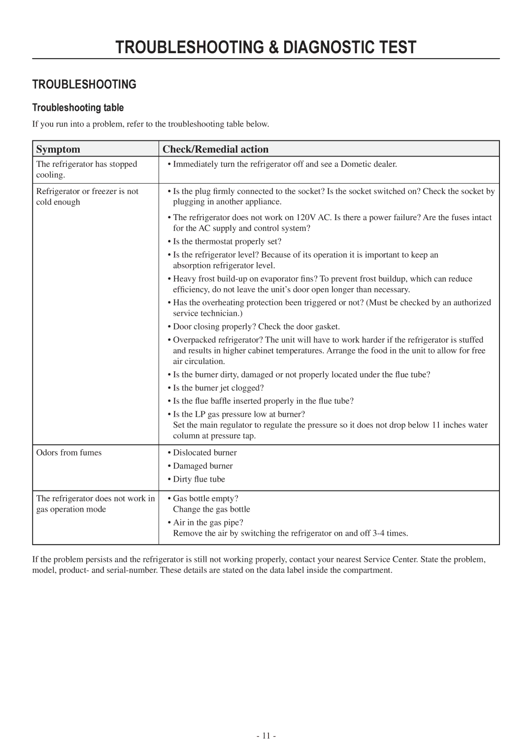 Dometic RM3962 user manual Troubleshooting & diagnostic test, Troubleshooting table 