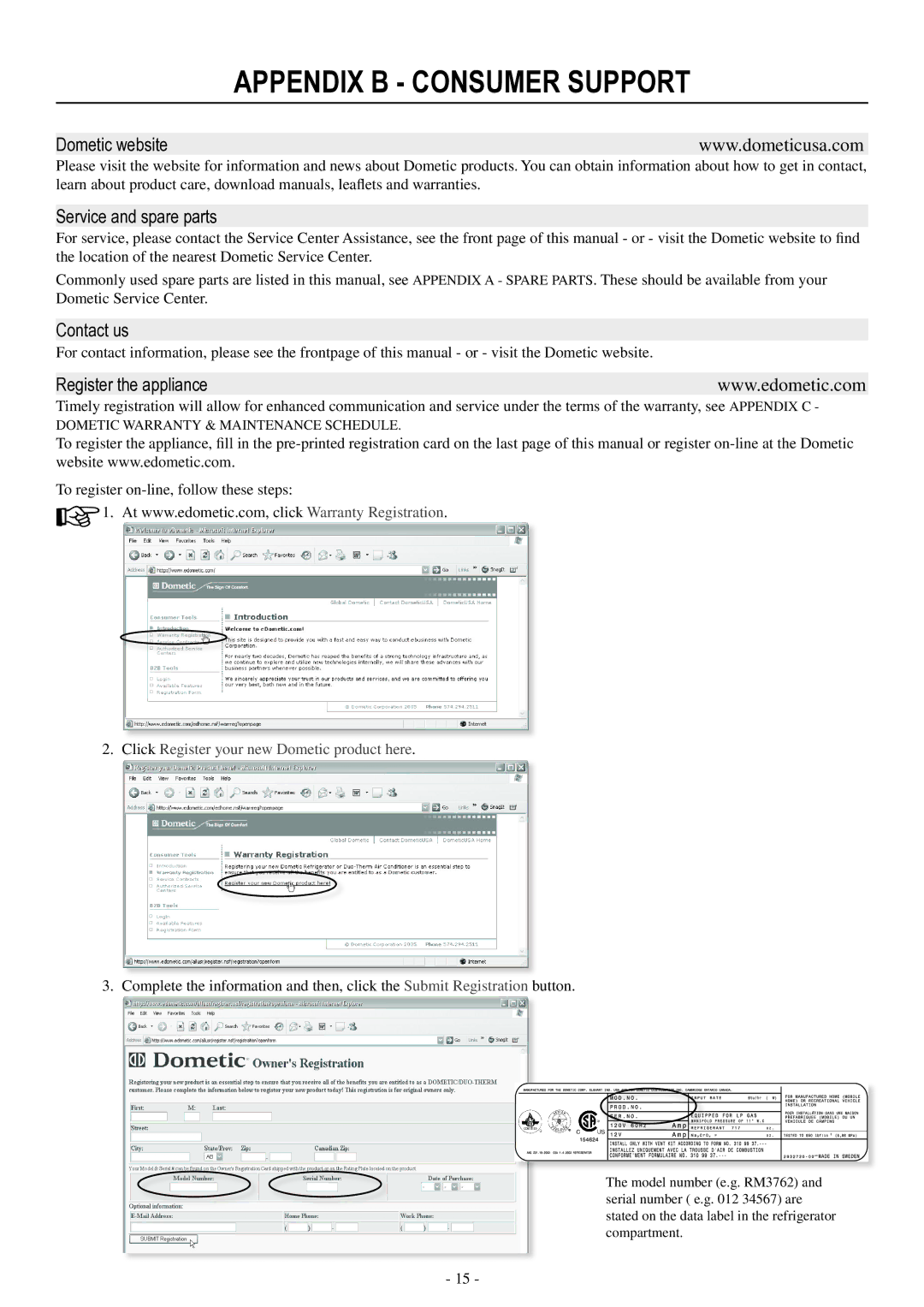 Dometic RM3962 user manual Appendix B consumer support, Dometic website 