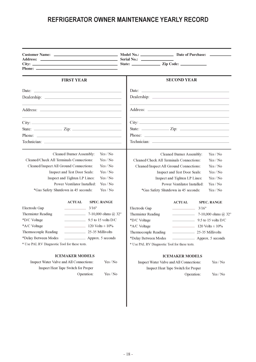 Dometic RM3962 user manual Refrigerator owner maintenance yearly record 