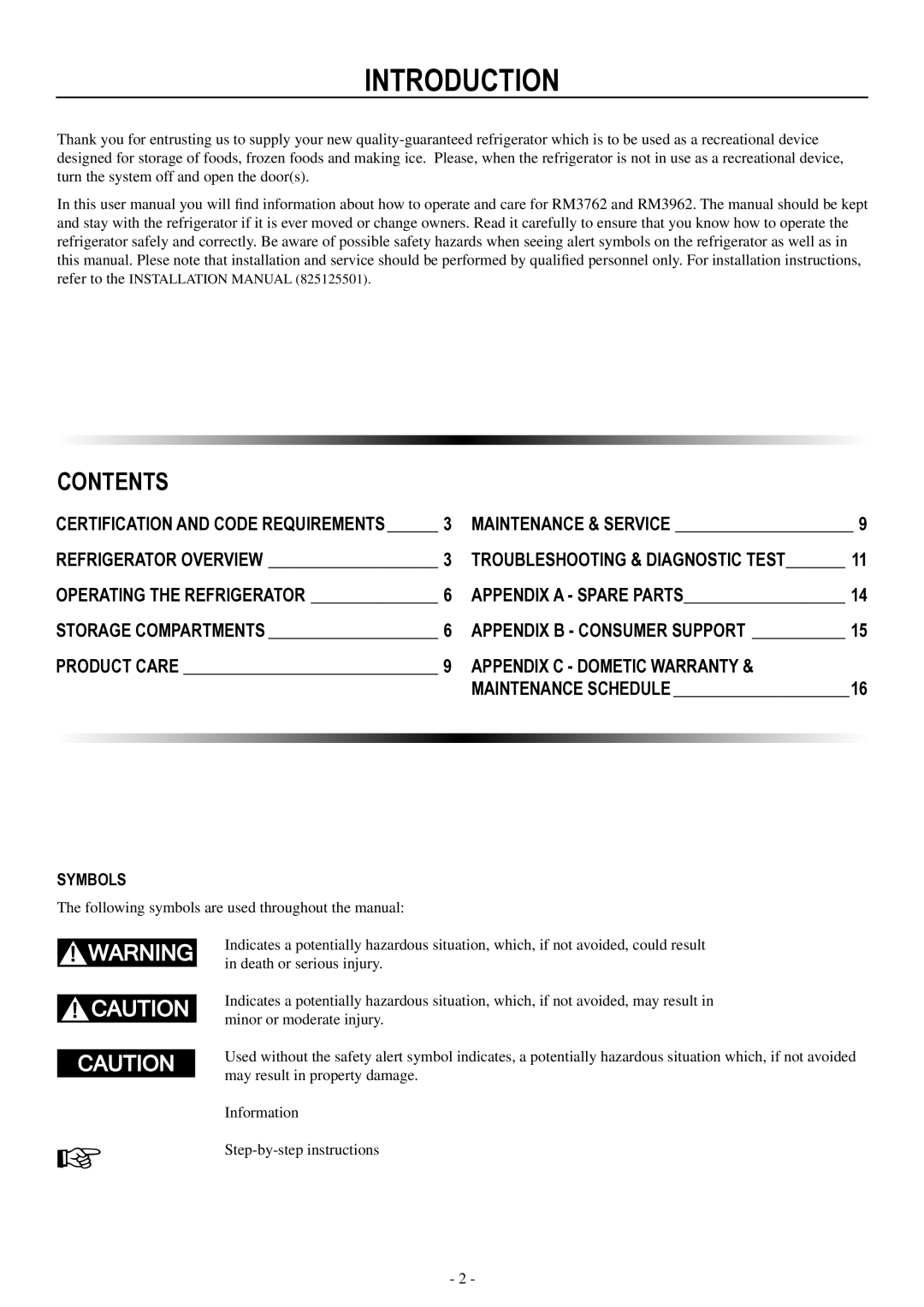 Dometic RM3962 user manual Introduction, Contents 