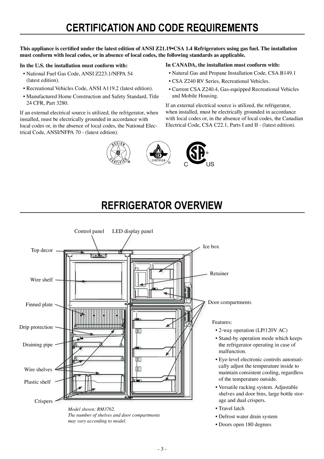 Dometic RM3962 user manual Certification and Code Requirements, Refrigerator overview 