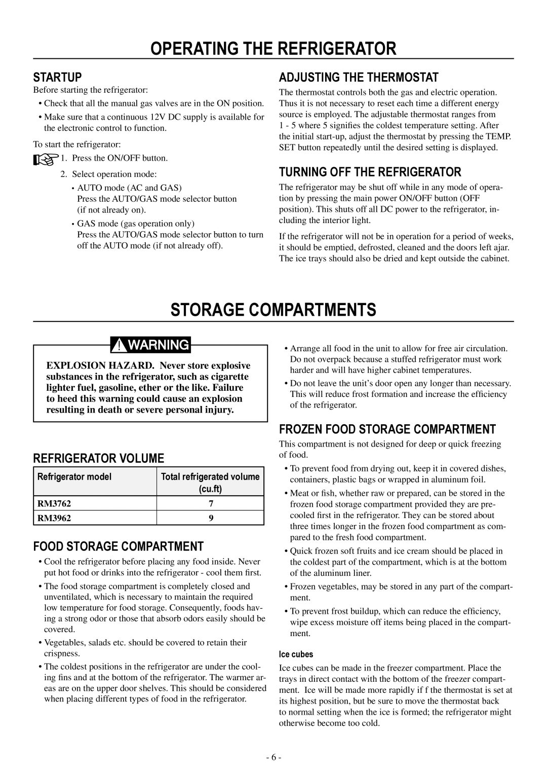 Dometic RM3962 user manual Storage compartments 