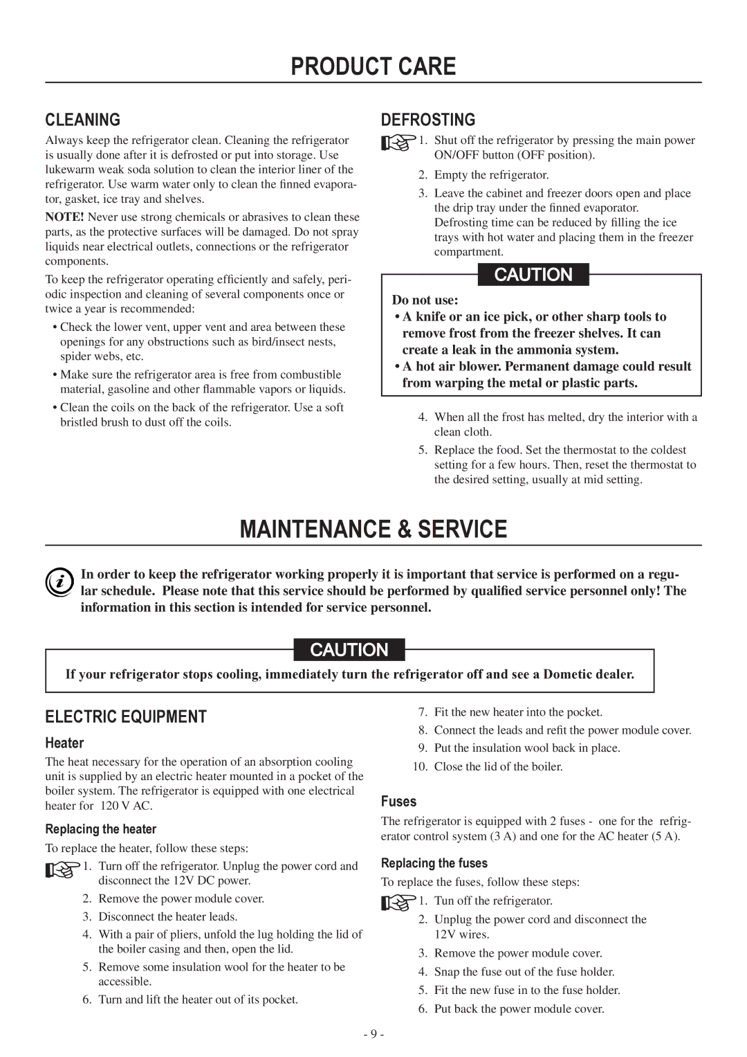 Dometic RM3962 user manual Product care, Maintenance & service, Cleaning, Defrosting, Electric equipment 