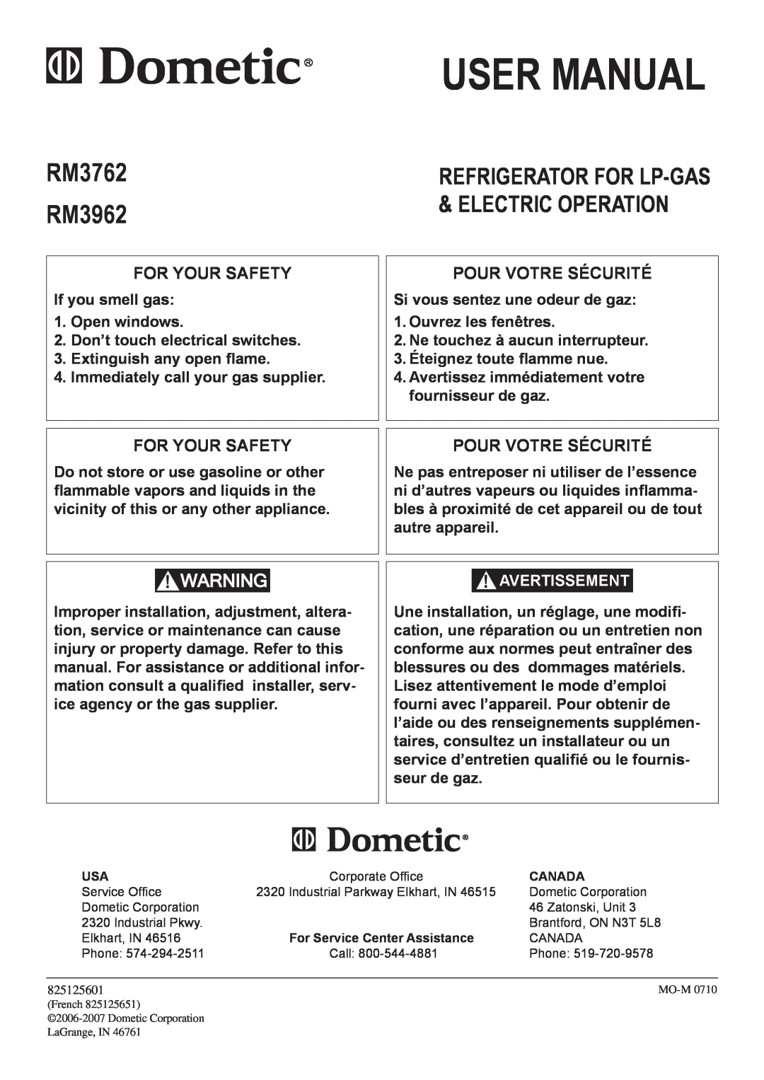 Dometic user manual RM3762 RM3962, Refrigerator for LP-gas & electric operation, For Your Safety, Pour votre sécurité 