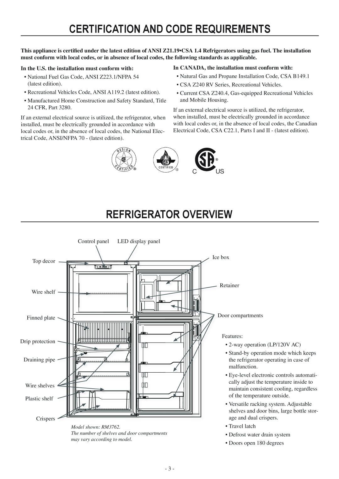 Dometic RM3962 Certification and Code Requirements, refrigerator overview, In the U.S. the installation must conform with 