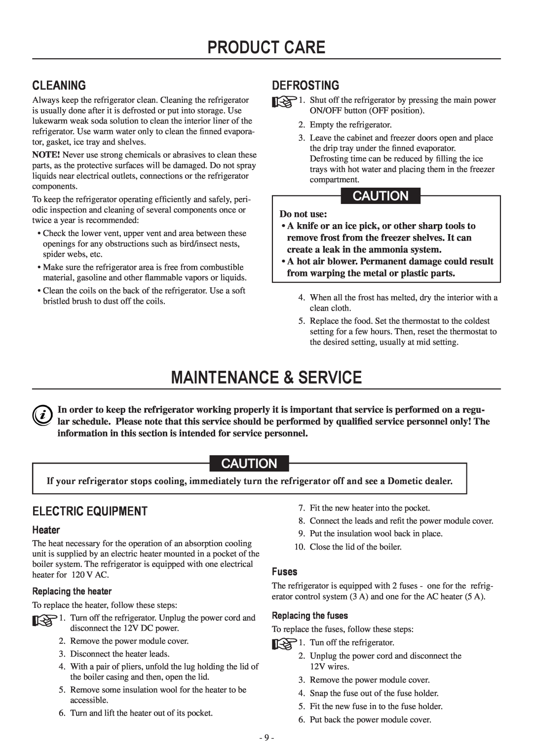 Dometic RM3962 user manual product care, maintenance & service, Cleaning, Defrosting, Electric equipment, Do not use 