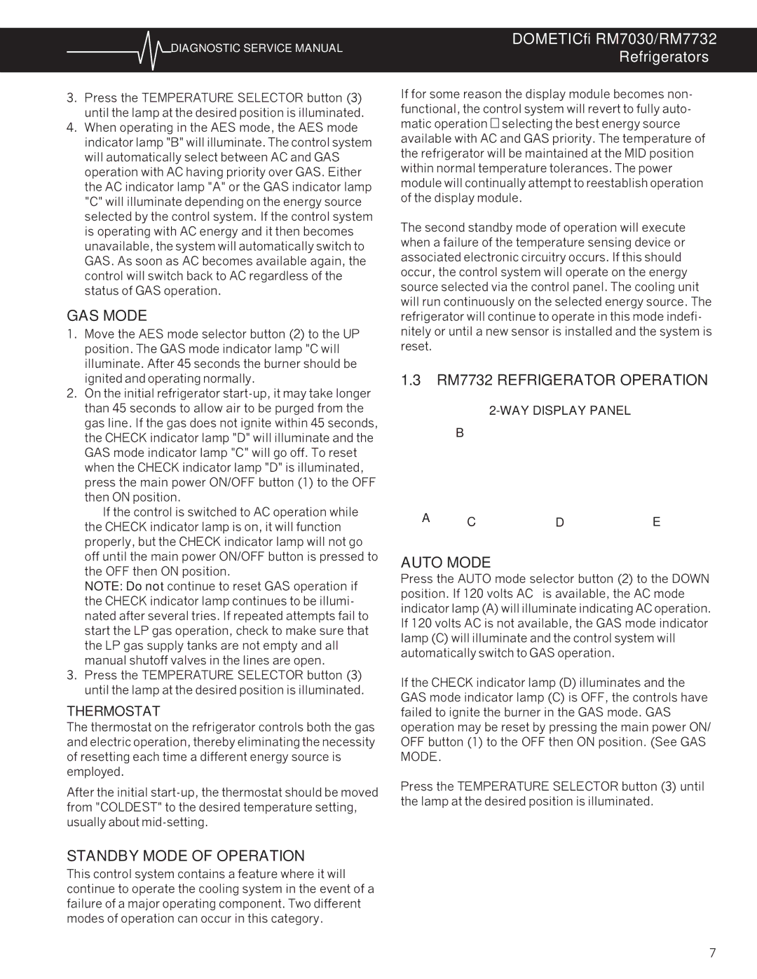 Dometic RM7030 GAS Mode, Standby Mode of Operation, RM7732 Refrigerator Operation, Auto Mode, WAY Display Panel 