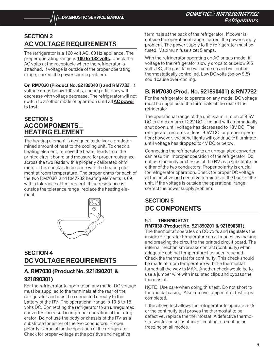 Dometic RM7732 AC Voltage Requirements, Accomponents Heating Element, DC Voltage Requirements, DC Components, Section 
