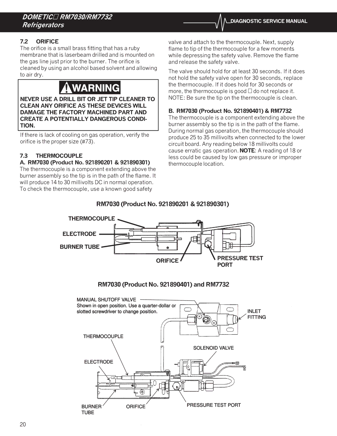 Dometic RM7030, RM7732 service manual Orifice, Thermocouple 