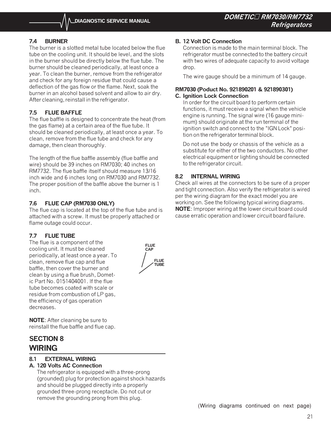 Dometic RM7732, RM7030 service manual Burner, Flue Baffle, Internal Wiring, Flue Tube 